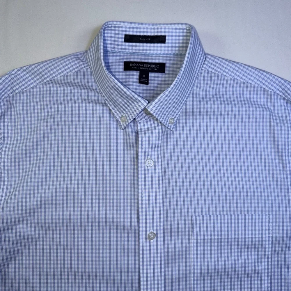 Banana Republic Mens Slim Fit Non-Iron‎ Dress Shirt Blue Gingham Check M 15-15.5